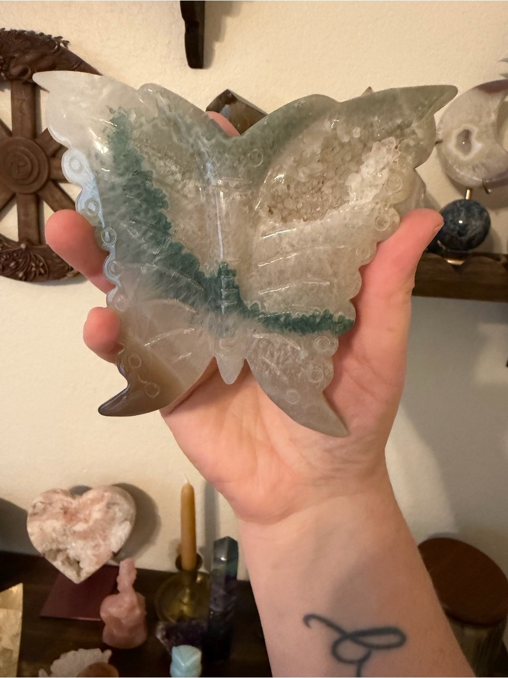 Large Green Druzy Moss Agate & Quartz Butterfly – 363g